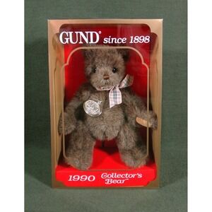 GUND Collector's Bear 1990 Teddy Bear brown with plaid bow in original Box